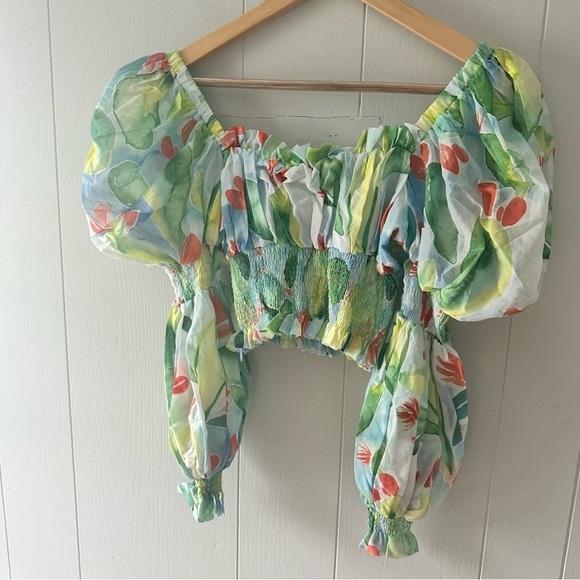 Charo Ruiz Ibiza Brisa Top NWT XS Long Sleeve Cropped Puff sleeve New Green Blue - Picture 10 of 15